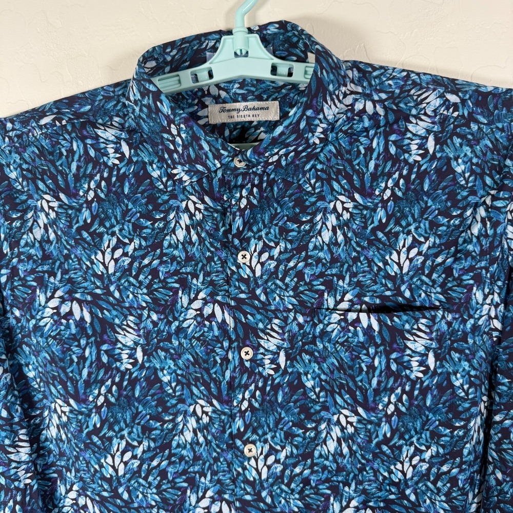 Tommy Bahama Shirt Mens Large Blue Siesta Key Button Up Stretch Floral Hawaiian